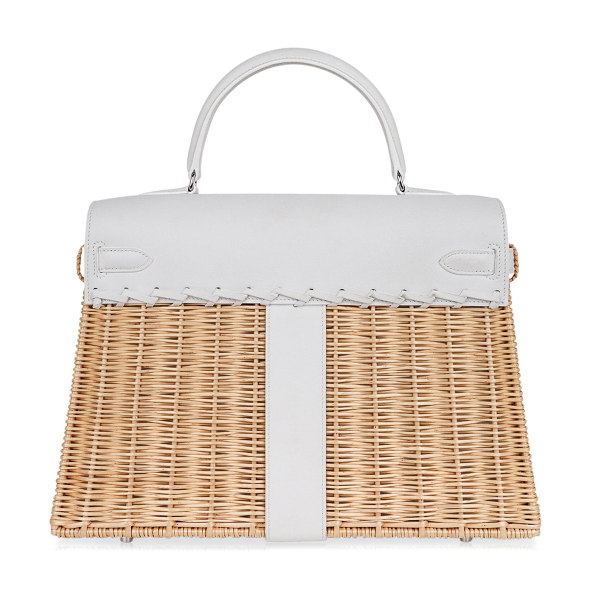 Hermes Kelly Picnic 35 Bag White Swift Leather / Osier (Wicker) Limited Edition 5