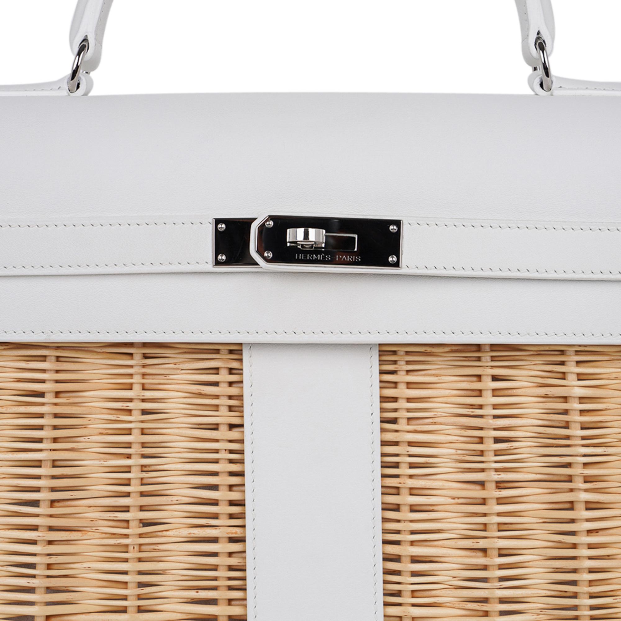 Hermes Kelly Picnic 35 Bag White Swift Leather / Osier (Wicker) Limited Edition In Excellent Condition In Miami, FL