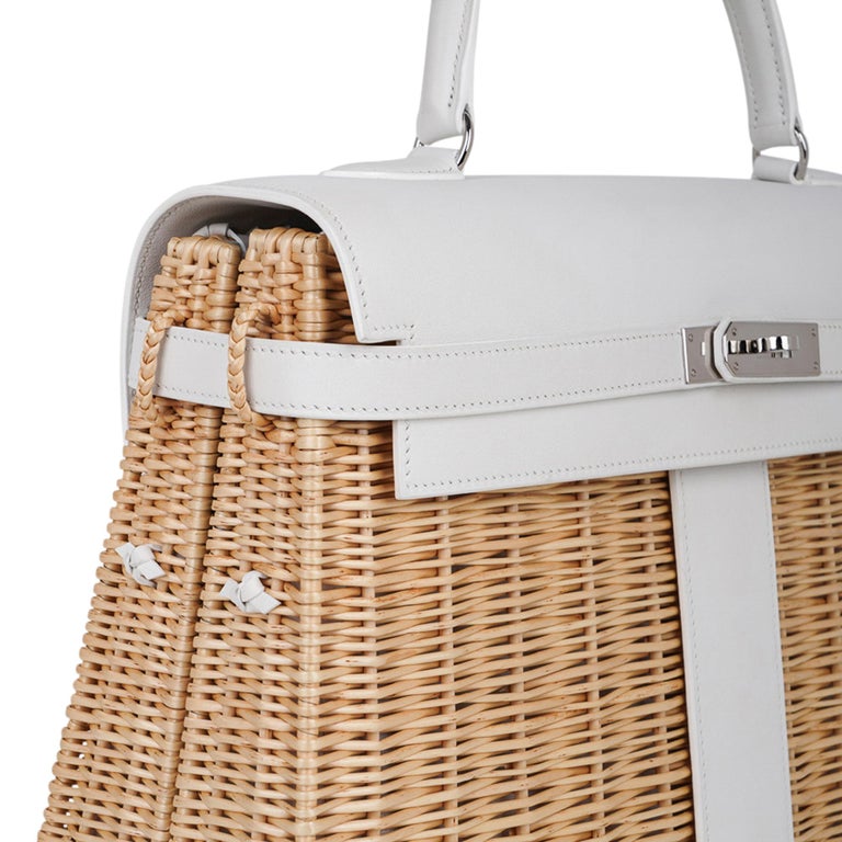 Hermes Kelly Picnic 35 Bag White Swift Leather / Osier (Wicker) Limited