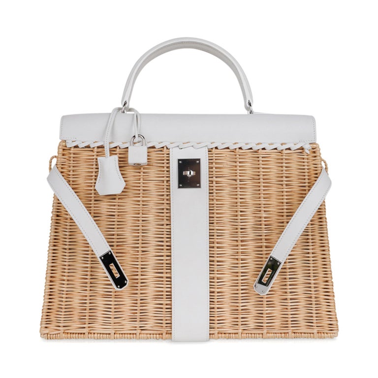 Hermes Kelly Picnic 35 Bag White Swift Leather / Osier (Wicker) Limited