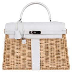 Hermes Kelly Picnic 35 Bag White Swift Leather / Osier (Wicker) Limited Edition