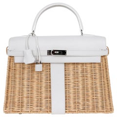 Weiße Kelly Picnic 35 Tasche aus Swift Leder / Osier (Wicker) Limitierte Auflage