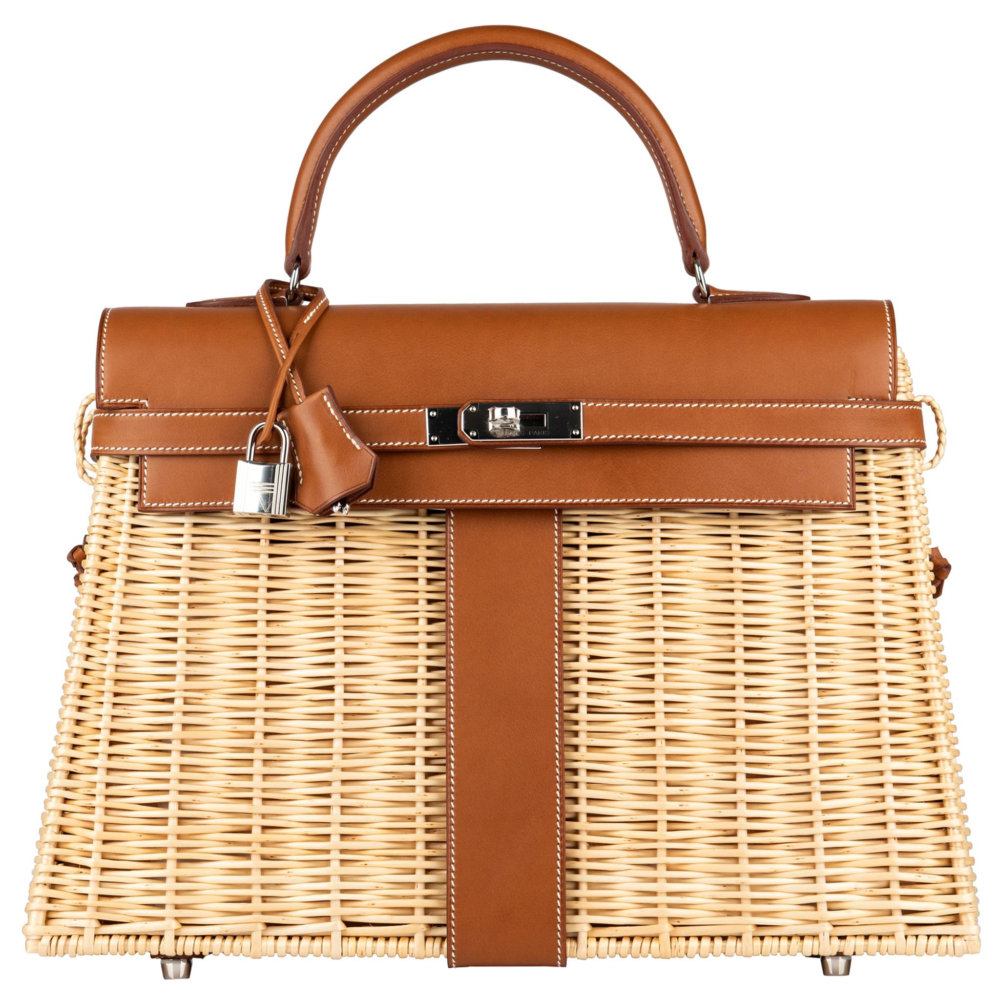 Hermes Fauve Brown Picnic Kelly Mini 20 Bag Handbag Wicker