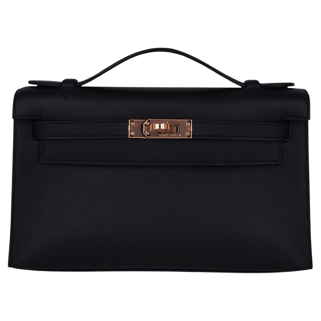 Hermes Kelly Pochette Bag Black Rose Gold Hardware