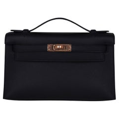 Hermes Kelly Pochette Bag Black Rose Gold Hardware