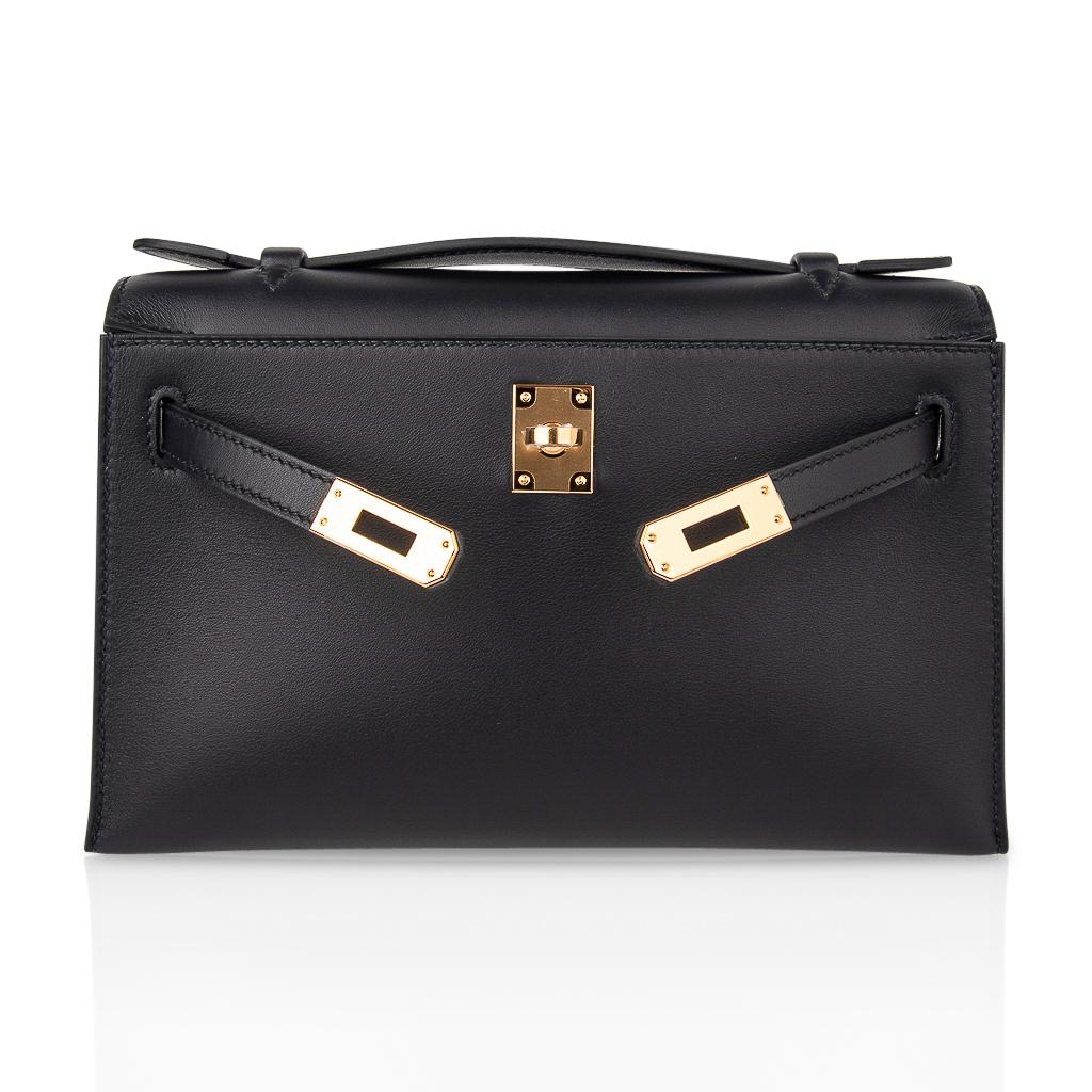 Women's Hermes Kelly Pochette Bag Black Swift Clutch Gold Hardware