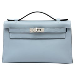 Hermès Kelly Pochette Bag Bleu Lin Swift Leather w PH