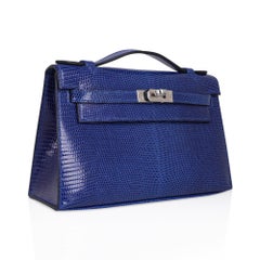 Hermes Kelly Pochette Bag Blue Sapphire Lizard Clutch Palladium Hardware
