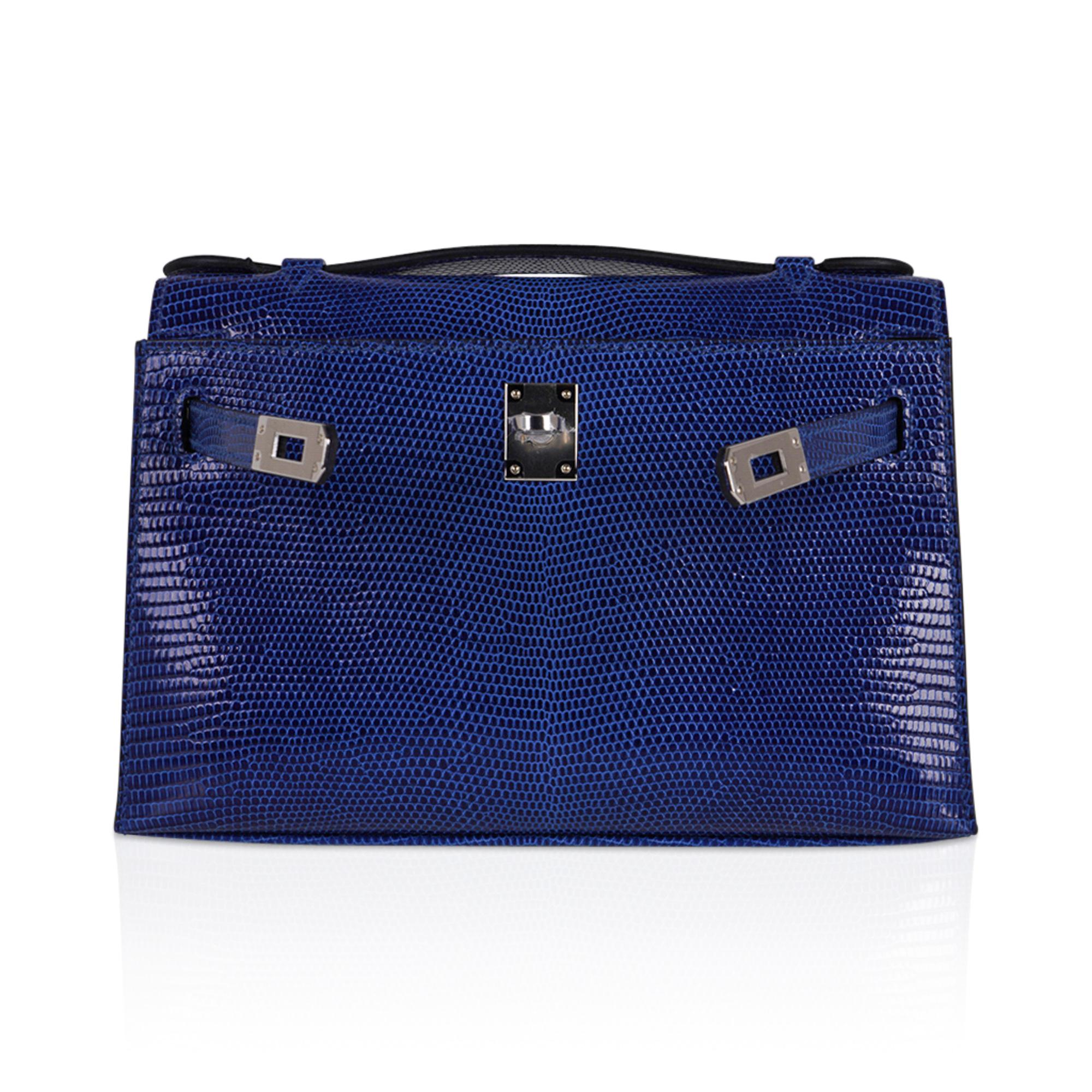 Hermes Kelly Pochette Eidechse Clutch in Blau mit Saphir und Palladiumbesatz 4