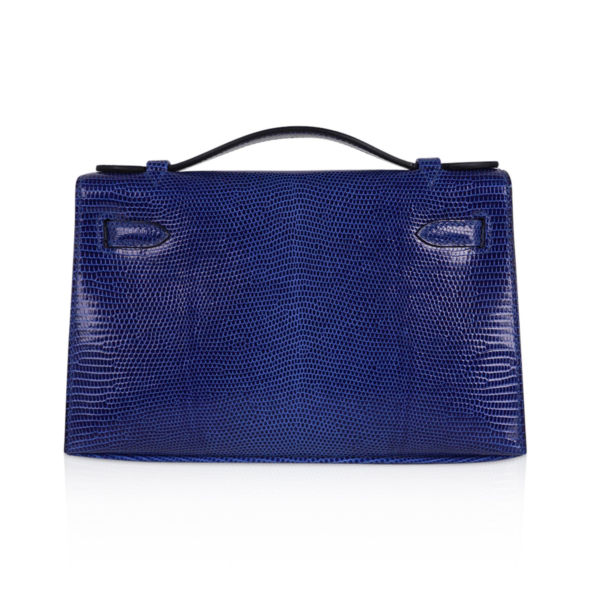 Women's Hermes Kelly Pochette Bag Blue Sapphire Lizard Clutch Palladium Hardware