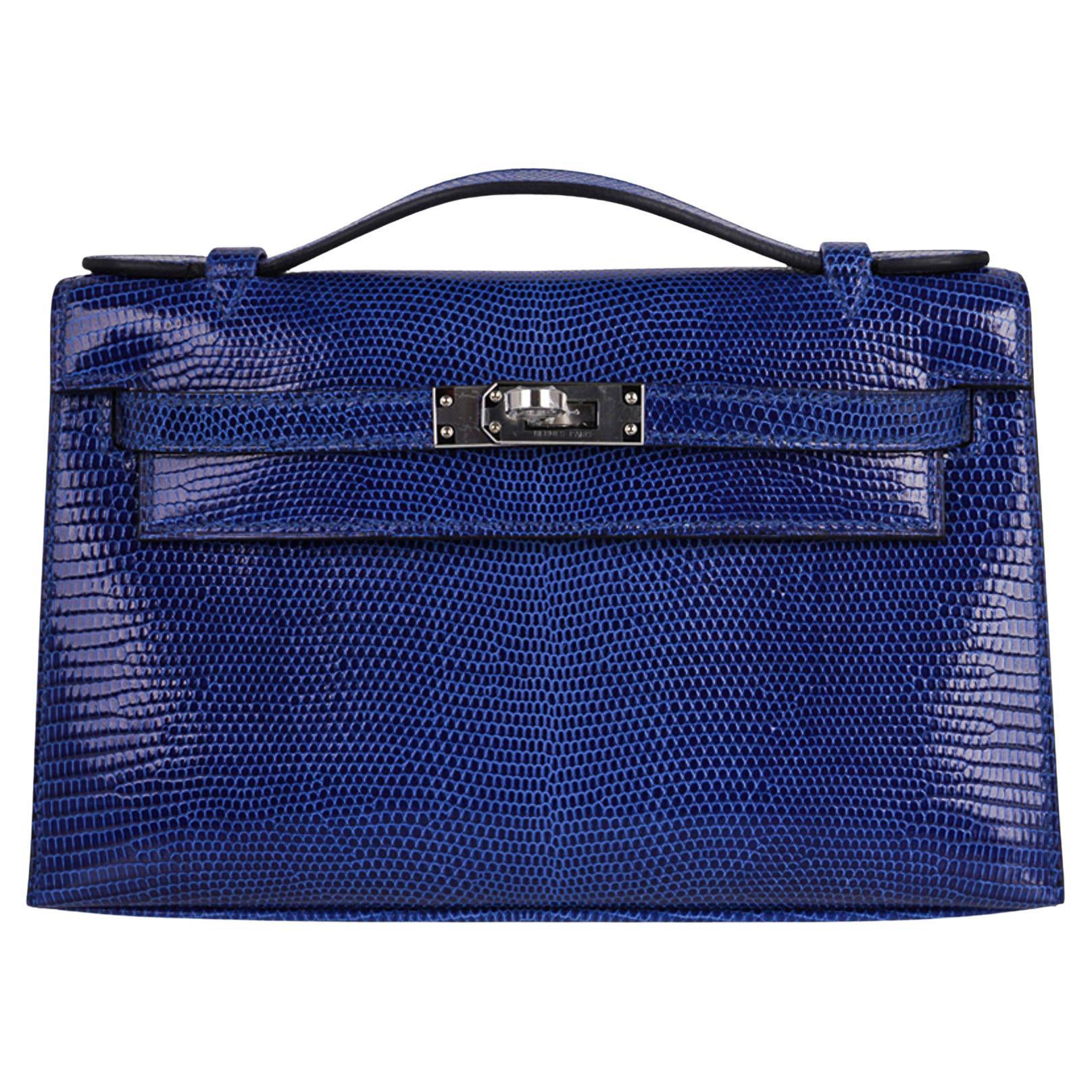 Hermes Kelly Pochette Eidechse Clutch in Blau mit Saphir und Palladiumbesatz