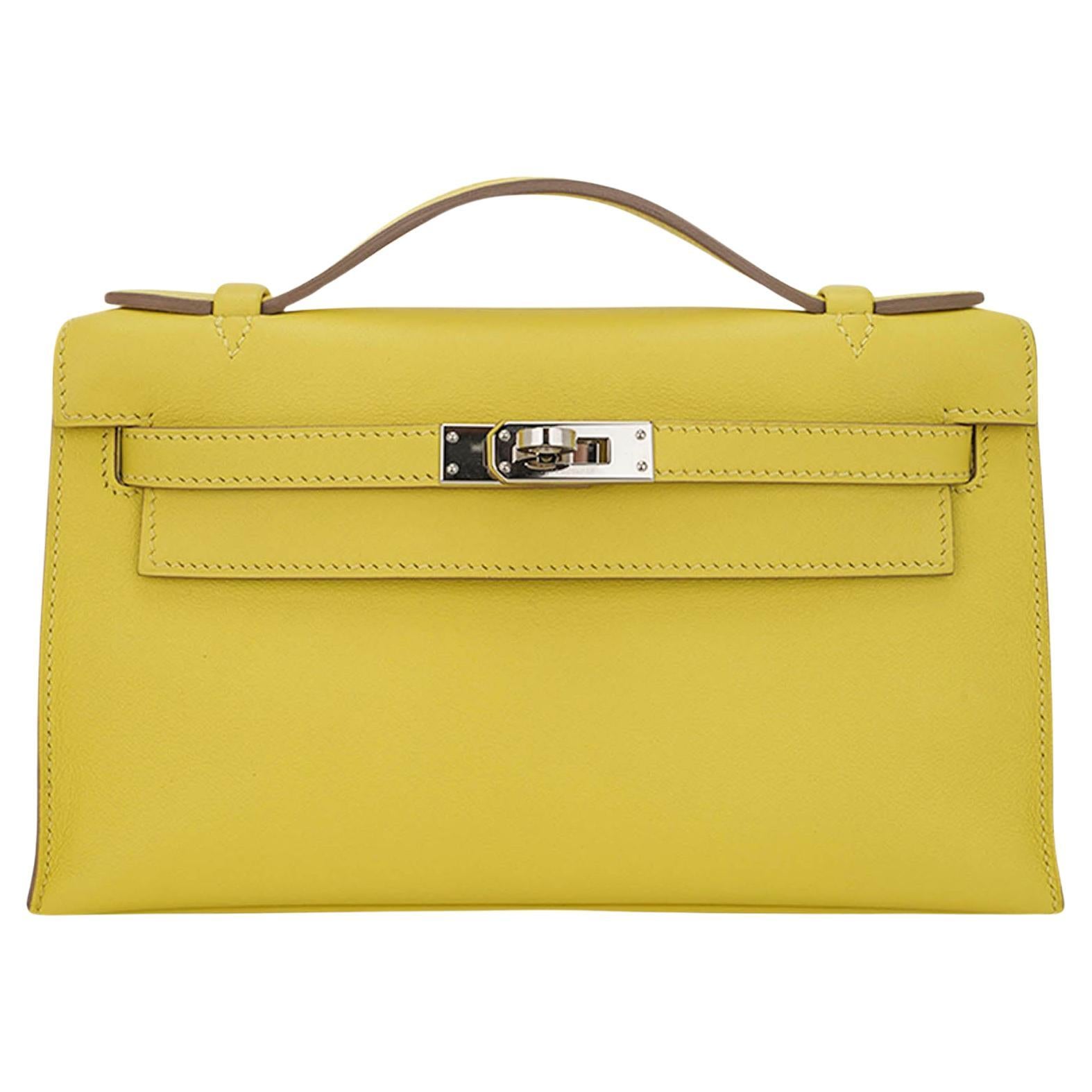 Hermes Kelly Pochette Bag Jaune De Naples Swift Leather Palladium