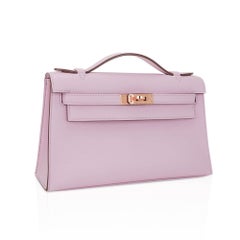 Hermes Kelly Pochette Bag Mauve Sylvestre Swift Leather Rose Gold
