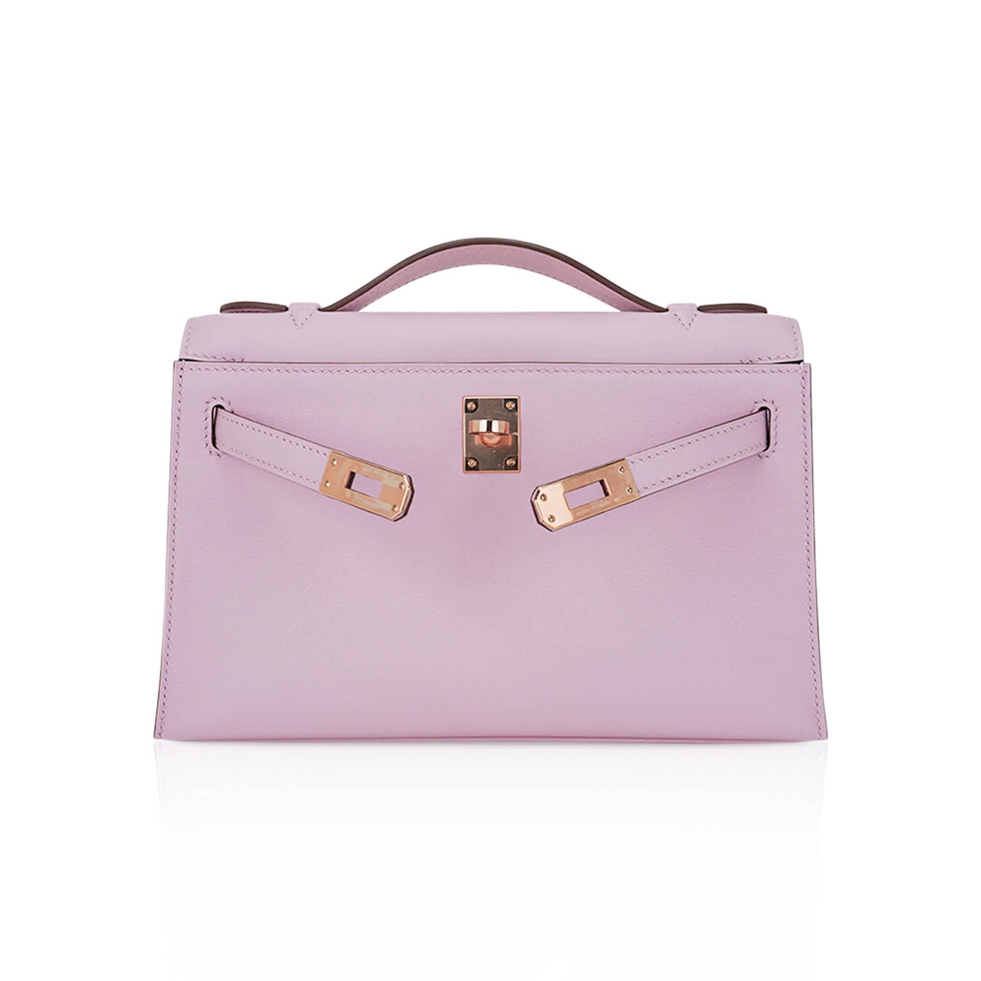 Hermes Kelly Pochette Tasche Mauve Sylvestre Swift Leder Rose Gold (Grau)