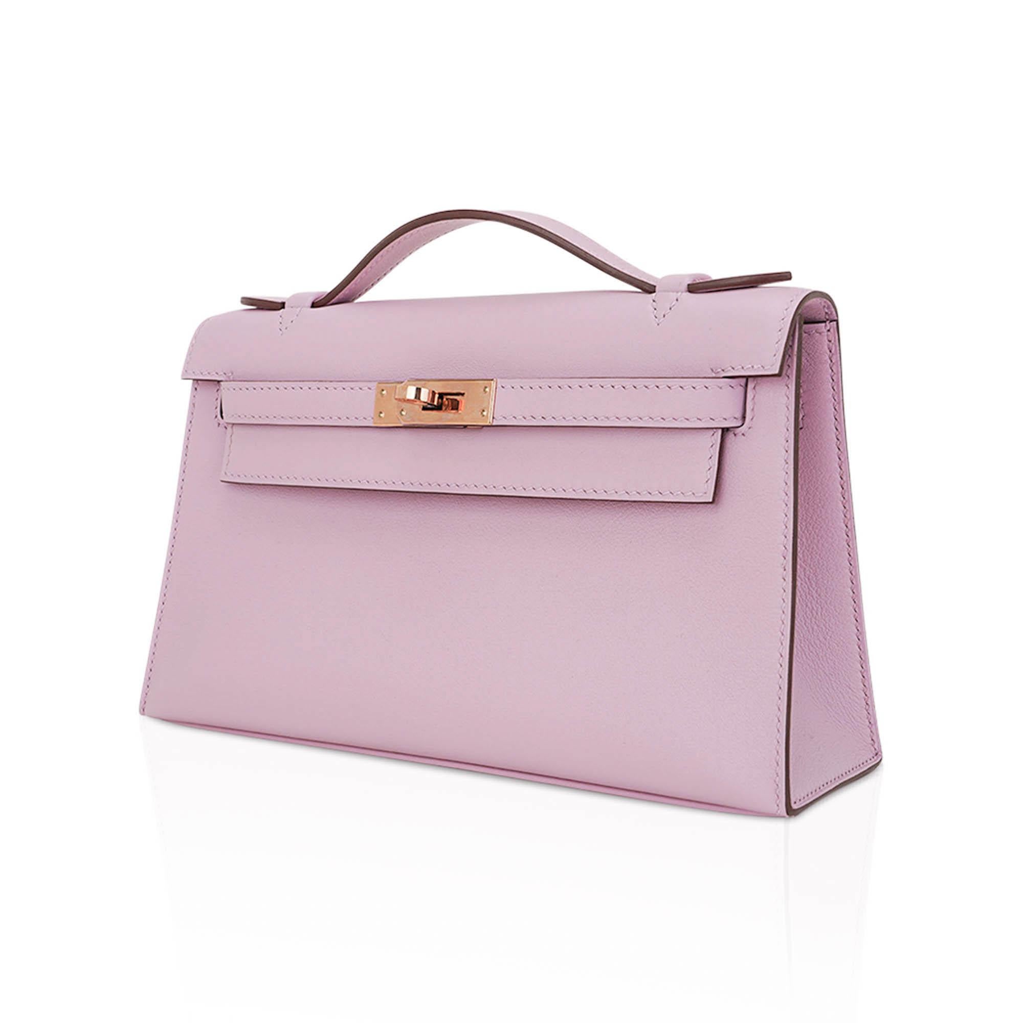 Hermes Kelly Pochette Tasche Mauve Sylvestre Swift Leder Rose Gold im Zustand „Hervorragend“ in Miami, FL
