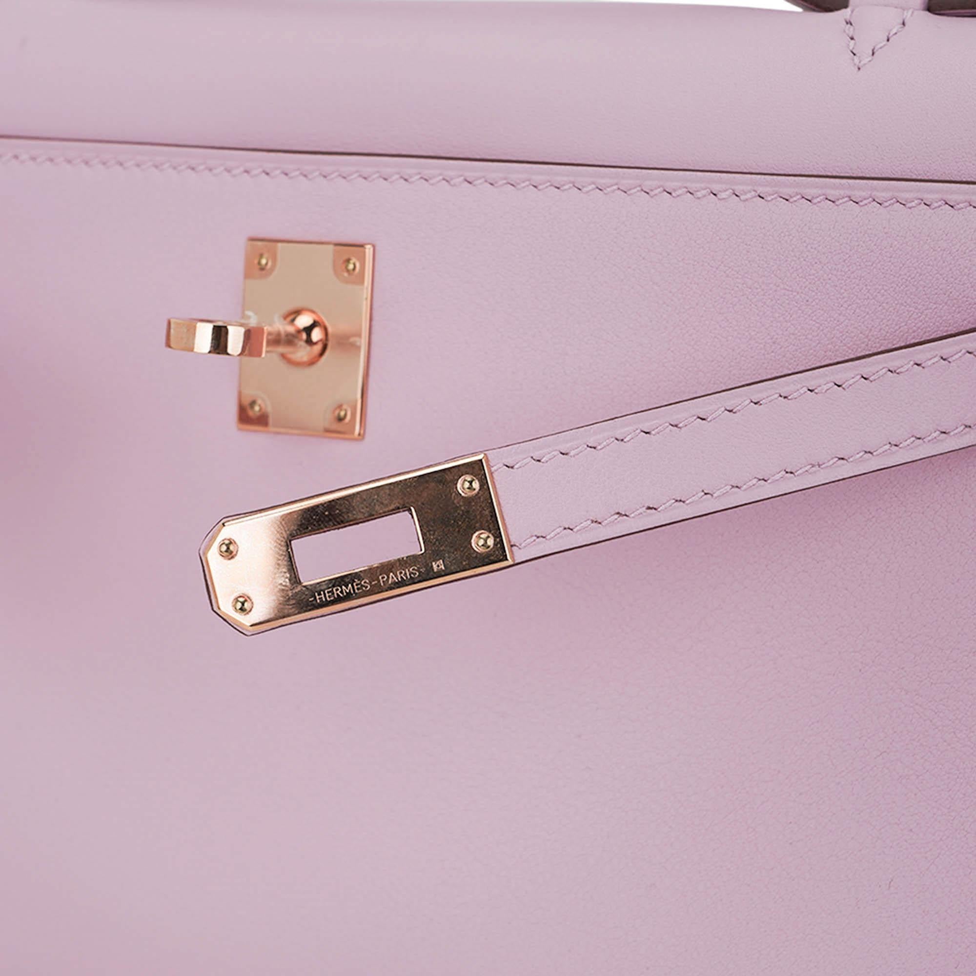 Hermes Kelly Pochette Tasche Mauve Sylvestre Swift Leder Rose Gold Damen