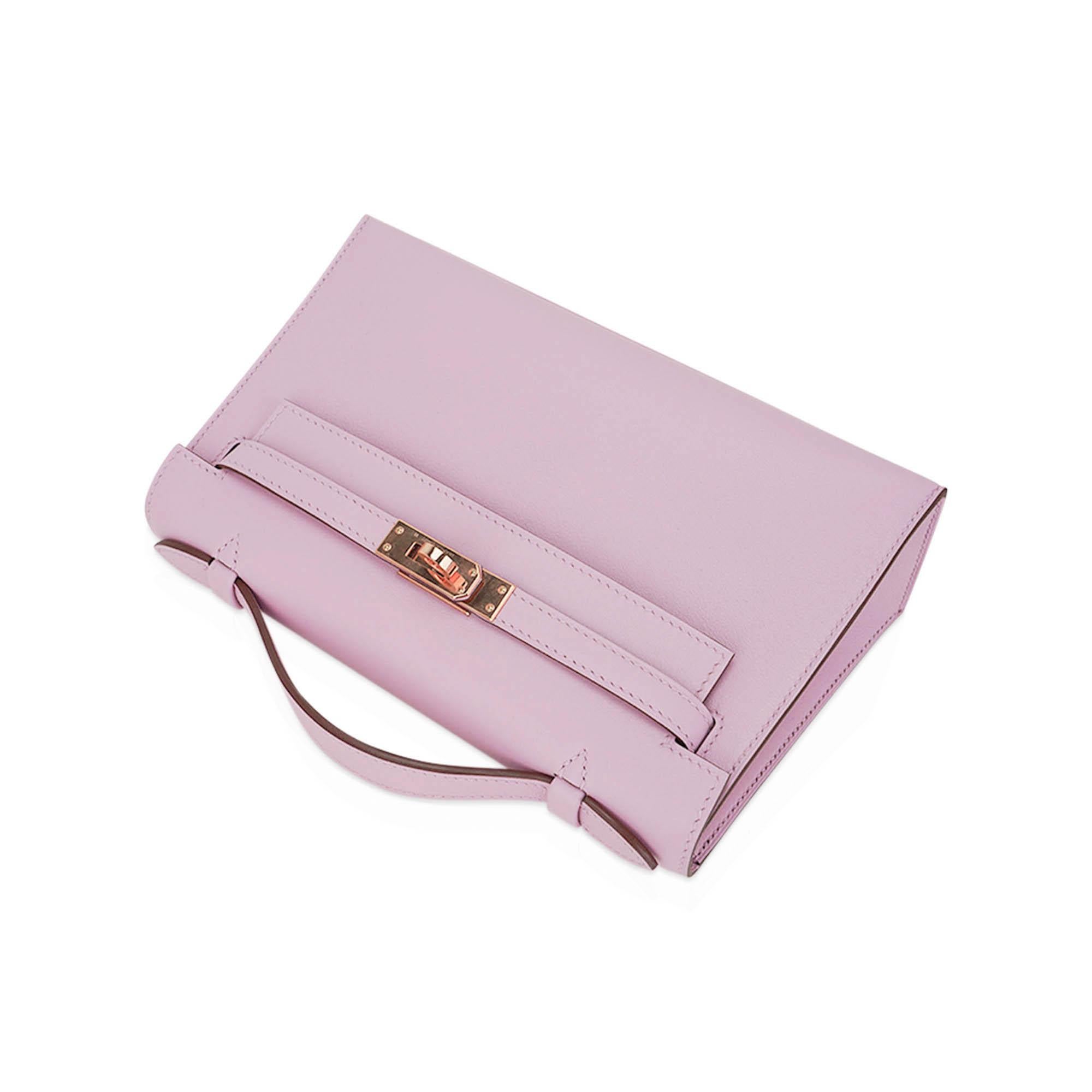 Hermes Kelly Pochette Tasche Mauve Sylvestre Swift Leder Rose Gold 2