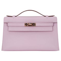 Hermes Kelly Pochette Borsa Mauve Sylvestre Swift Pelle Oro Rosa