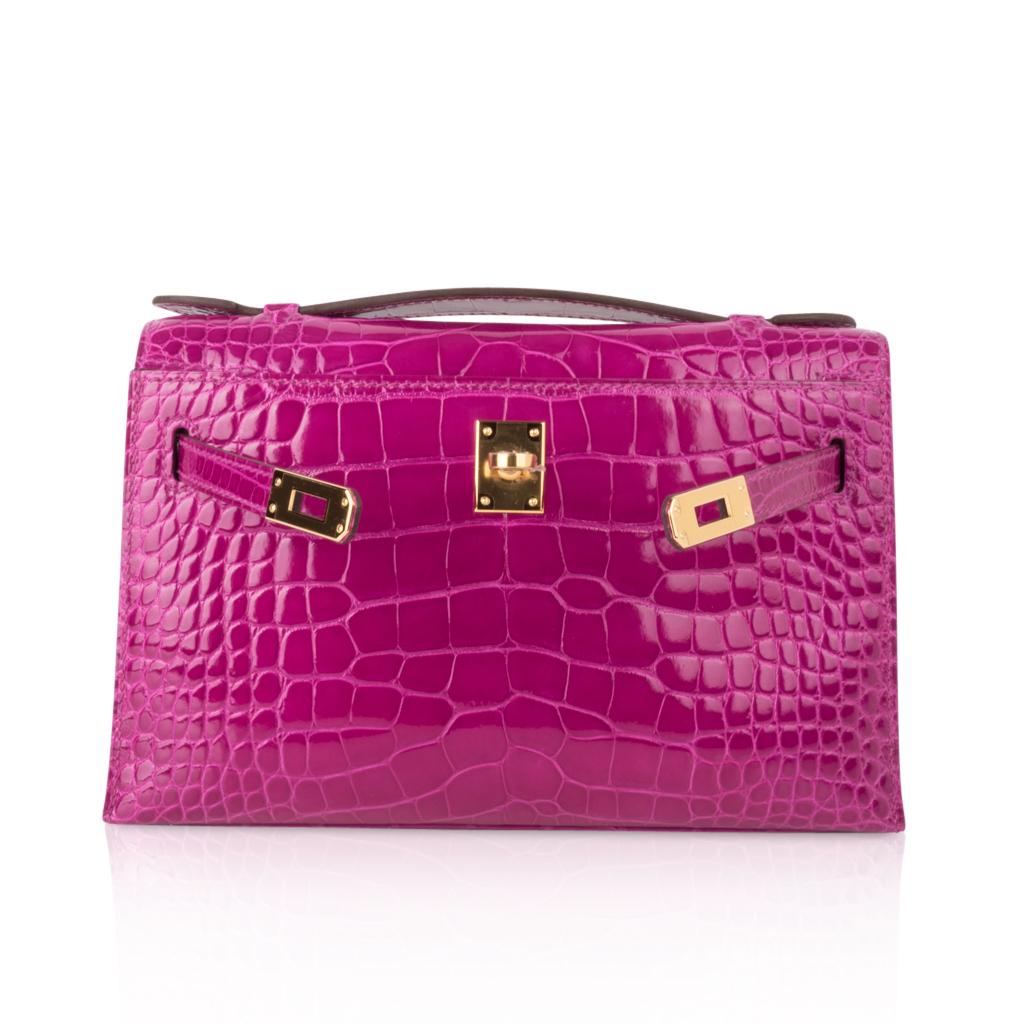Purple Hermes Kelly Pochette Bag Rose Scheherazade Pink Alligator Clutch Gold Hardware 