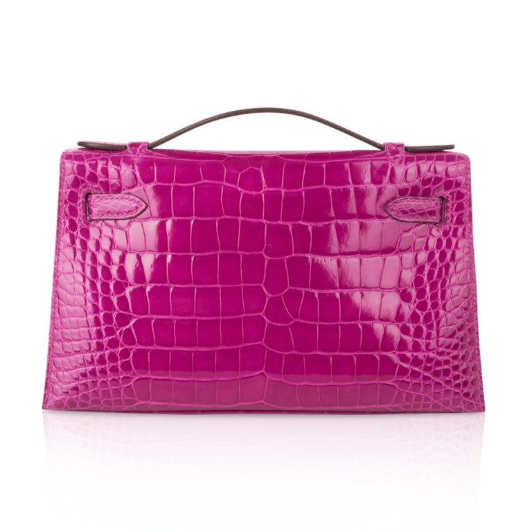Hermes Kelly Pochette Bag Rose Scheherazade Pink Alligator Clutch Gold Hardware  2