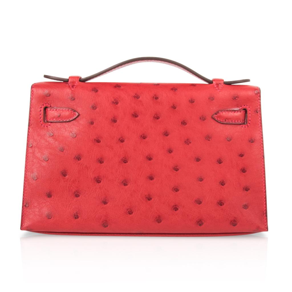 Women's Hermes Kelly Pochette Bag Rouge Vif Red Ostrich Clutch Gold Hardware