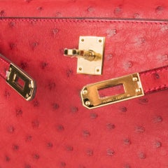 Hermes Kelly Pochette Bag Rouge Vif Red Ostrich Clutch Gold Hardware