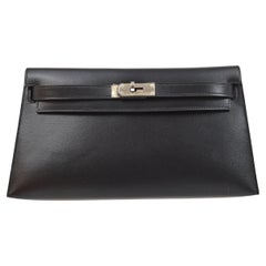 HERMES Kelly Pochette Black Box Calfskin Leather Palladium Hardware Clutch Bag
