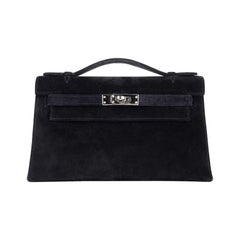 Hermes Kelly Pochette Black Doblis Suede Palladium