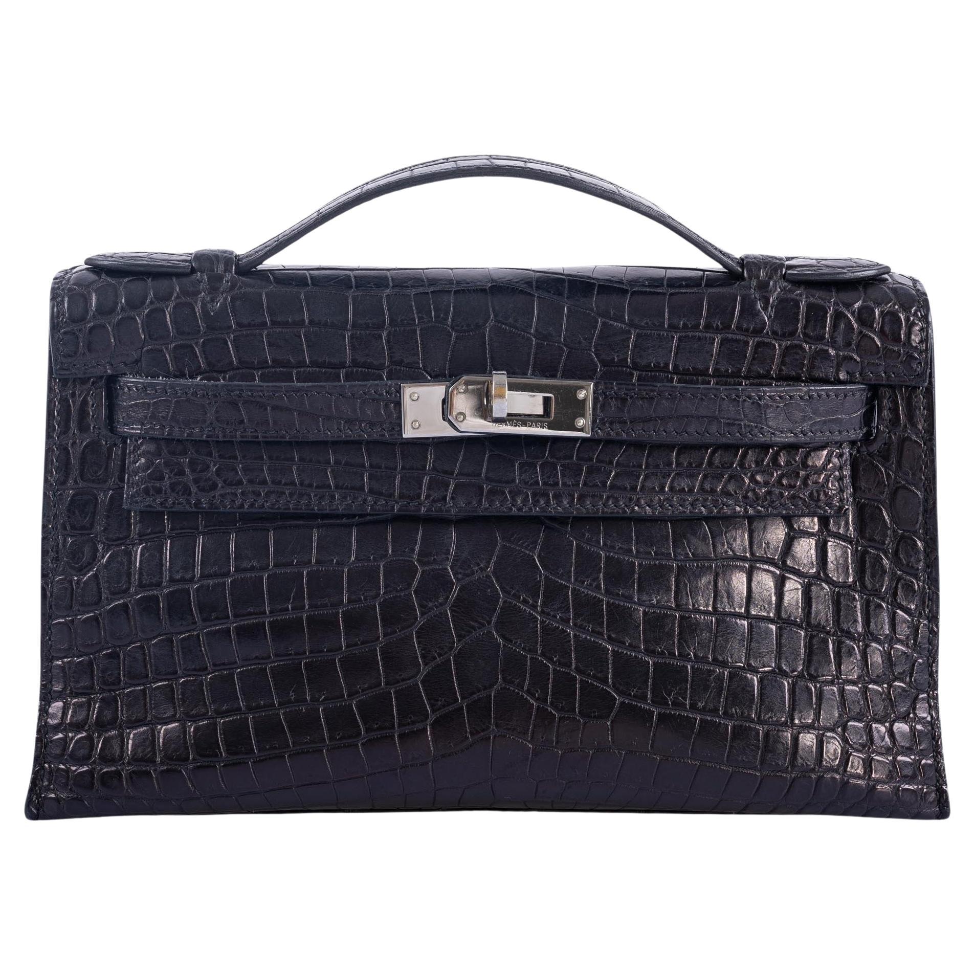 Hermes Matte Black Nilo Crocodile Kelly Pochette Bag with Gold, Lot #58256