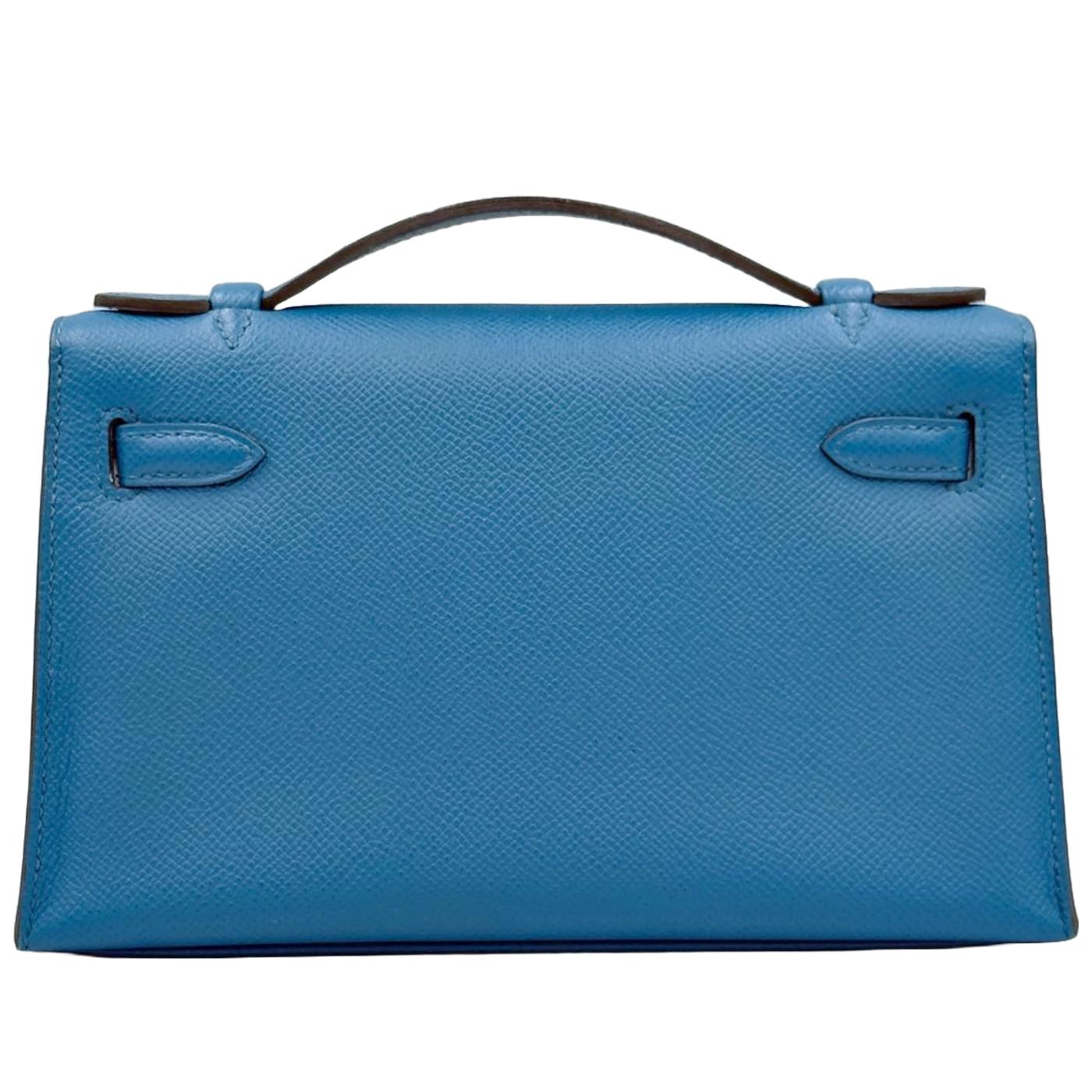 Blue Hermes Kelly Pochette Bleu Izmir Sellier Epsom Leather Clutch Palladium Hardware For Sale