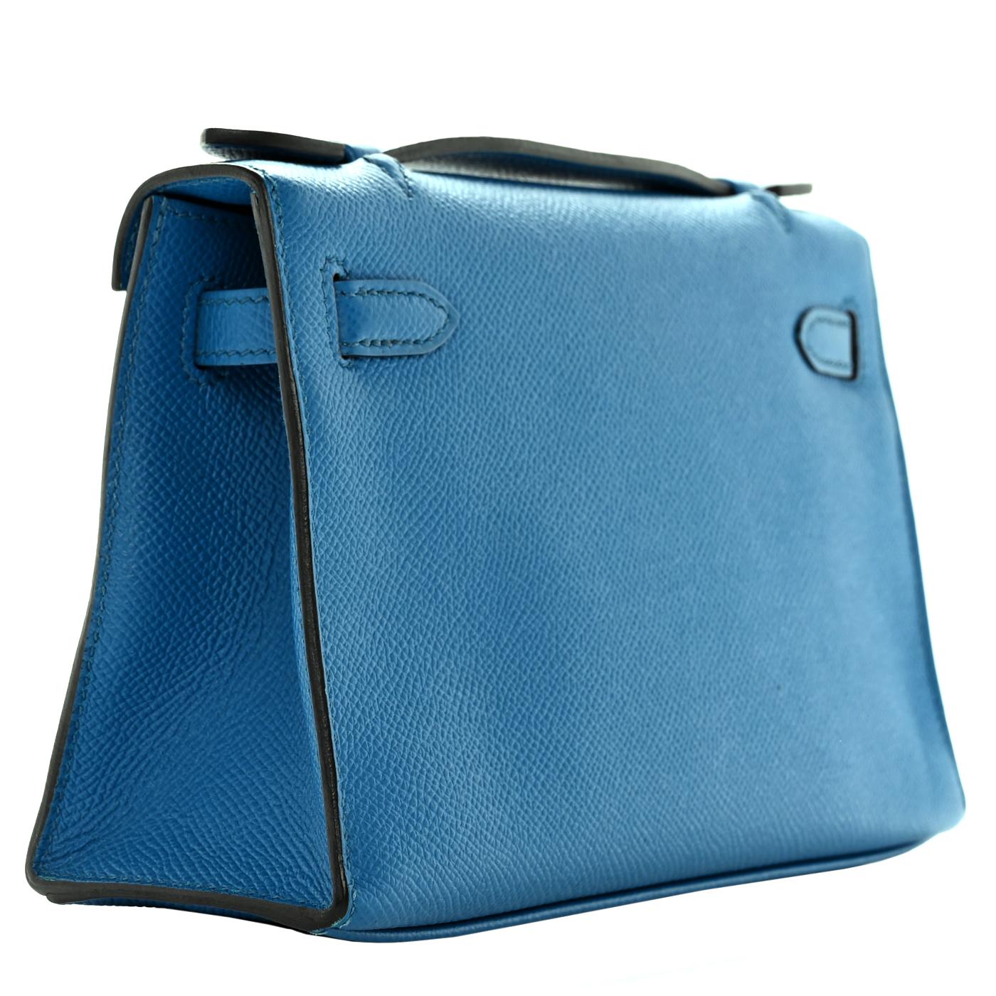 Hermes Kelly Pochette Bleu Izmir Sellier Epsom Leather Clutch Palladium Hardware For Sale 1