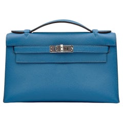 Hermes Kelly Pochette Bleu Izmir Sellier Epsom Leather Clutch Palladium Hardware