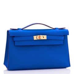 Hermes Kelly Pochette Blau Frankreich Gold Hardware Clutch Cut Tasche U Stempel, 2022