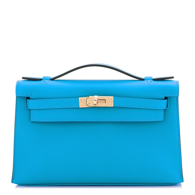 Hermes Kelly Pochette Blue Frida Bleu Gold Hardware Clutch Cut Bag Z Stamp, 2021 In New Condition For Sale In New York, NY