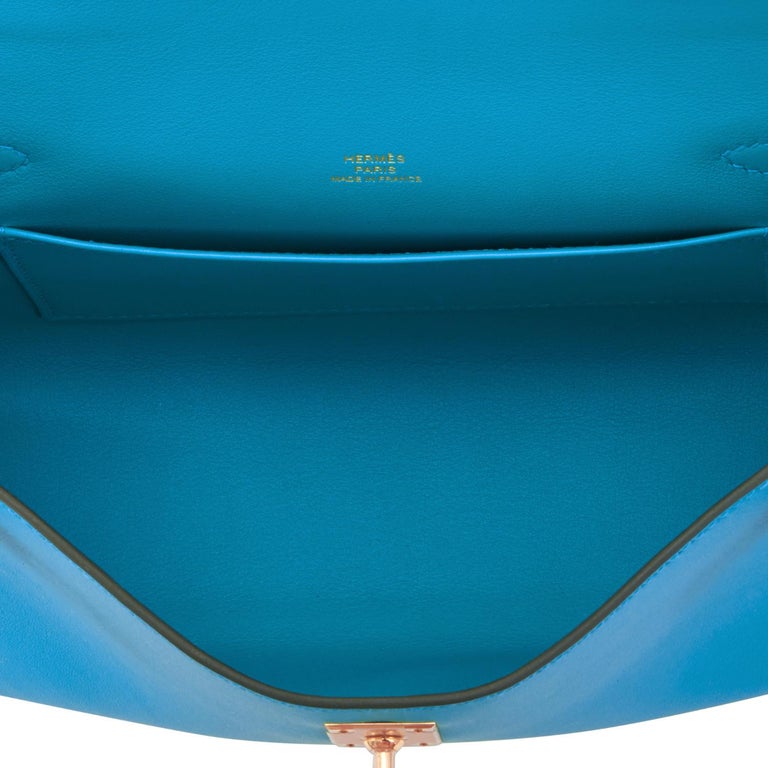 Hermes Kelly Pochette Blue Frida Bleu Gold Hardware Clutch Cut Bag Z Stamp, 2021 For Sale 5