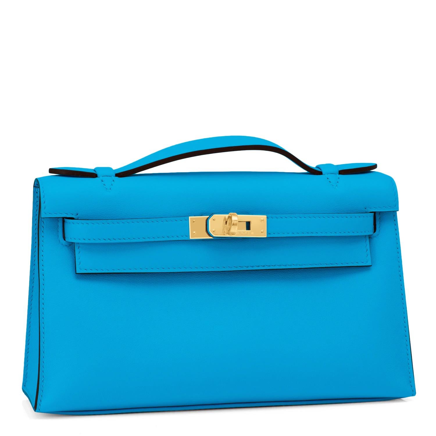 Hermes Kelly Pochette Blue Frida Gold Hardware Clutch Cut Bag Y Stamp, 2020
Blue Frida is a brand new and spectacularly gorgeous blue color from Hermes!
Just purchased from Hermes store; bag bears new 2020 interior Y Stamp.
Brand New in Box. Store