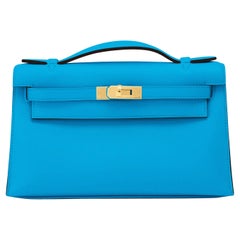 Hermes Kelly Pochette Blau Frida Gold Hardware Clutch Cut Tasche Y Stempel:: 2020