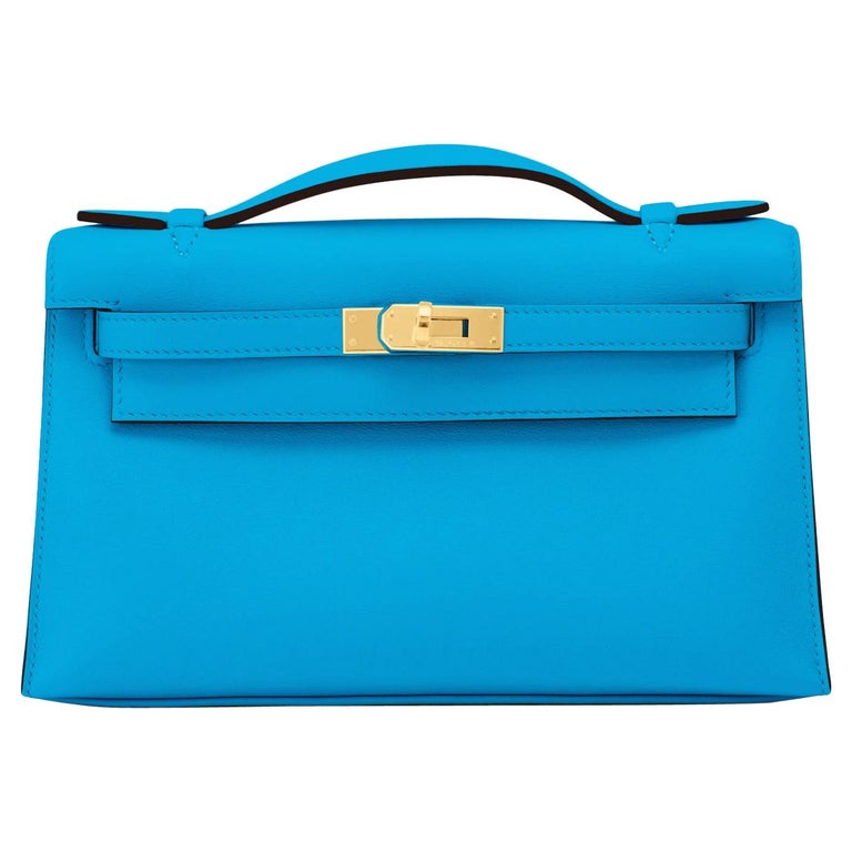 Hermes Kelly Pochette Blue Frida Gold Hardware Clutch Cut Bag Y