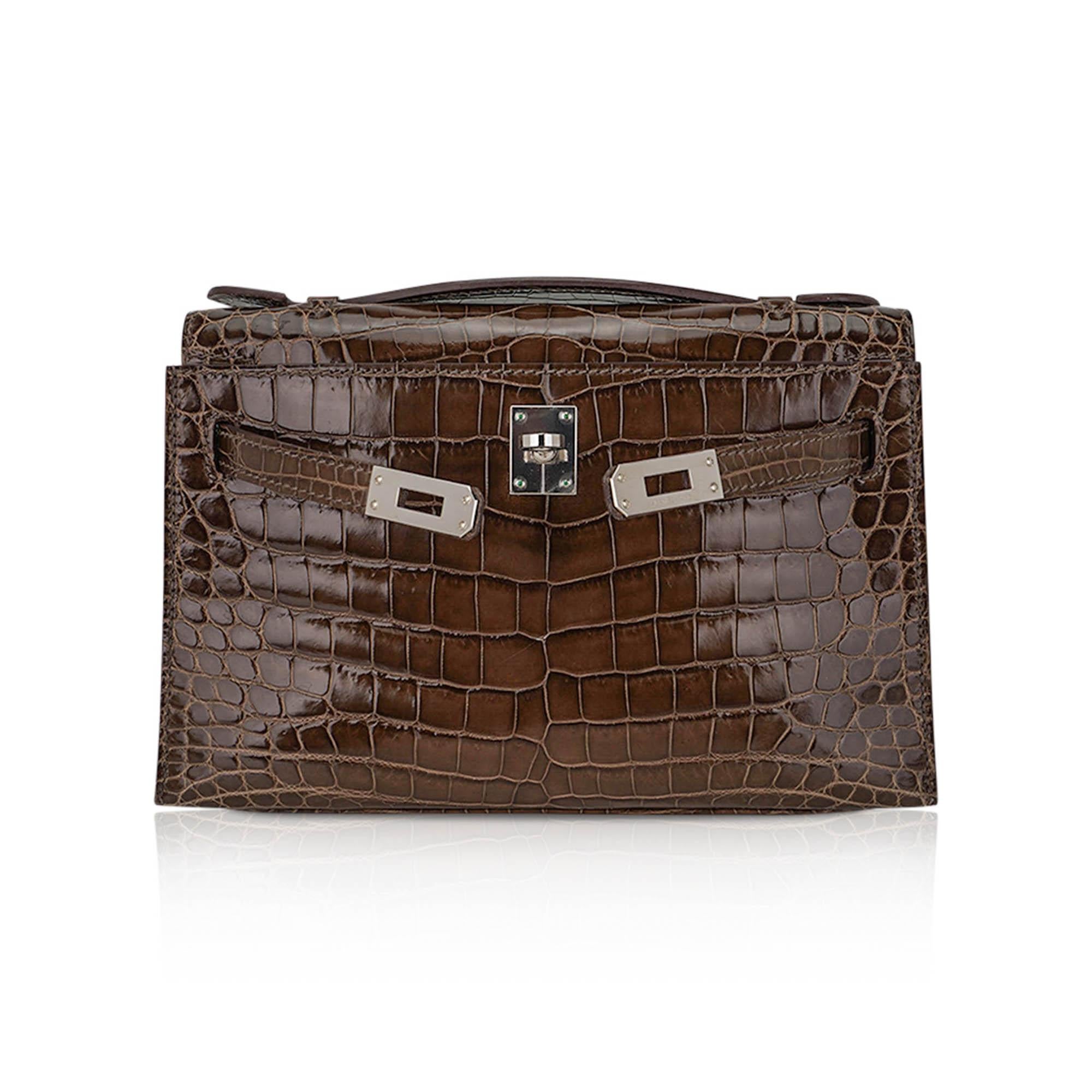 Black Hermes Kelly Pochette Clutch Bag Gris Elephant CrocodilePalladium  Hardware For Sale