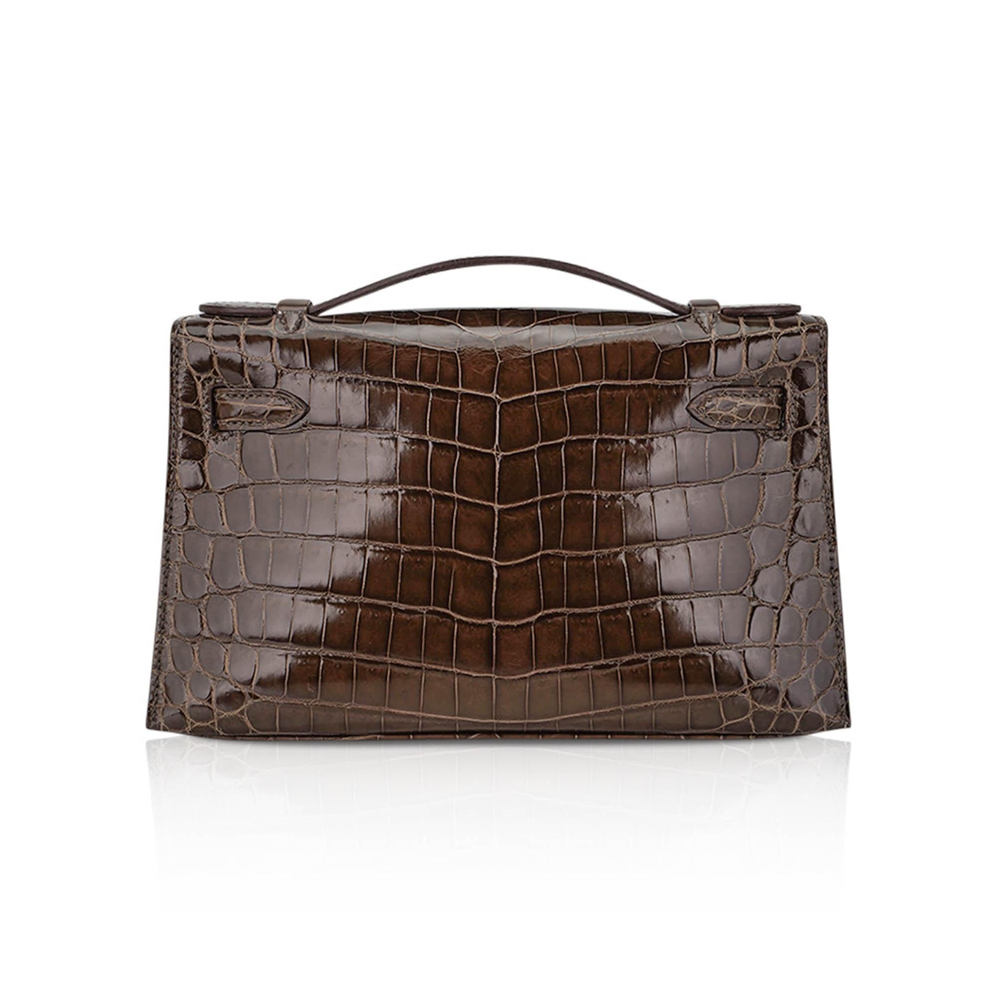 Hermes Kelly Pochette Clutch Bag Gris Elephant CrocodilePalladium  Hardware For Sale 1