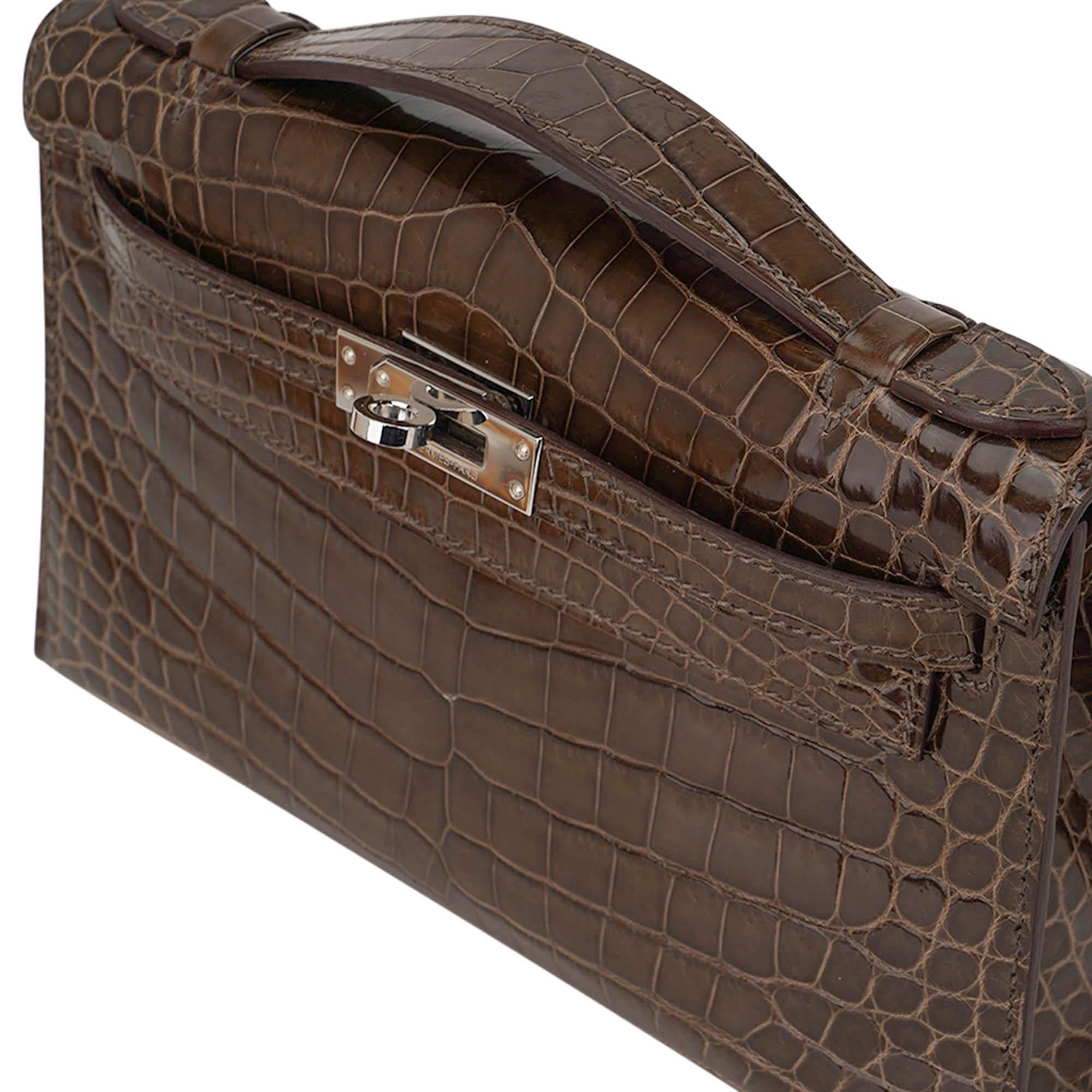 Hermes Kelly Pochette Clutch Bag Gris Elephant CrocodilePalladium  Hardware For Sale 2