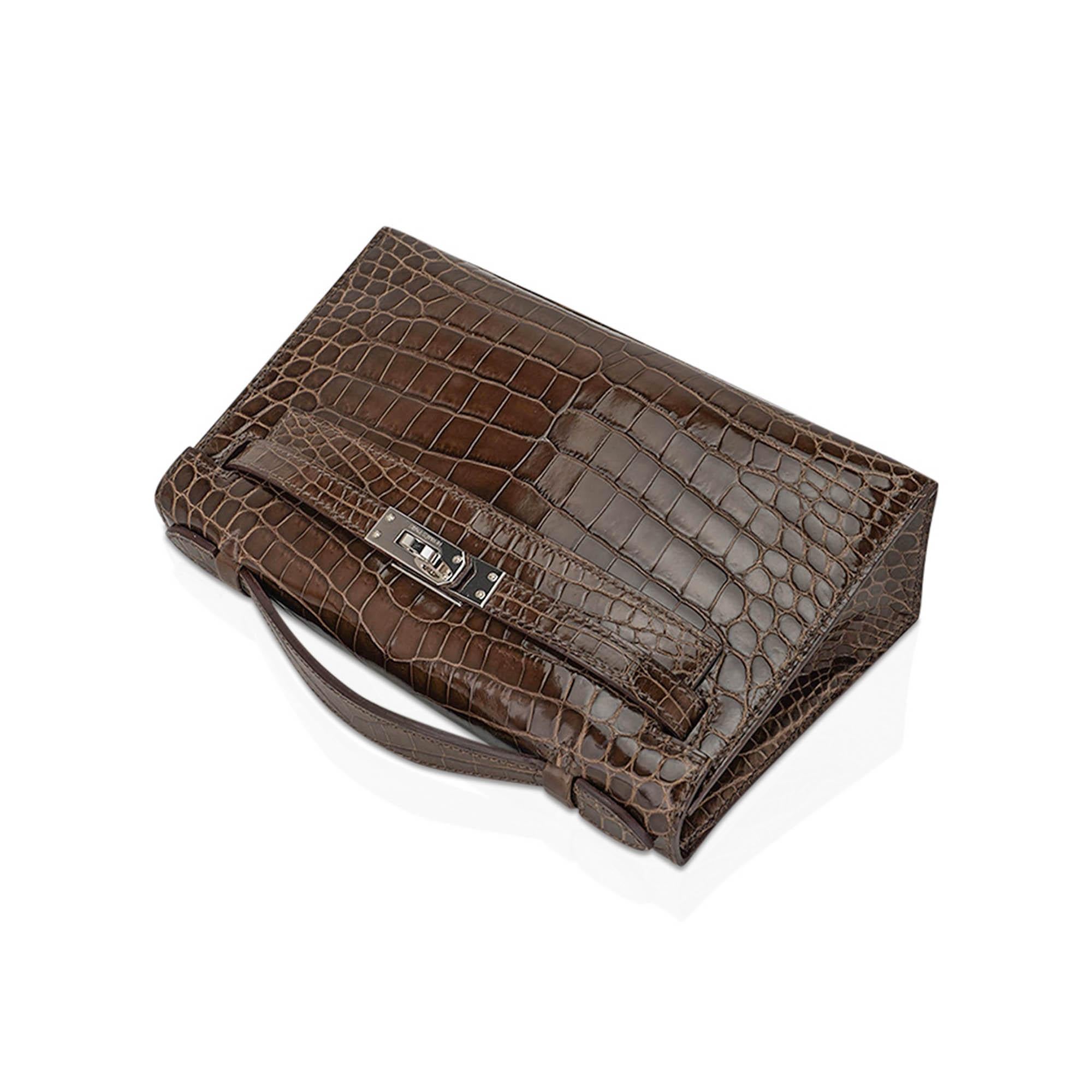 Hermes Kelly Pochette Clutch Bag Gris Elephant CrocodilePalladium  Hardware For Sale 3