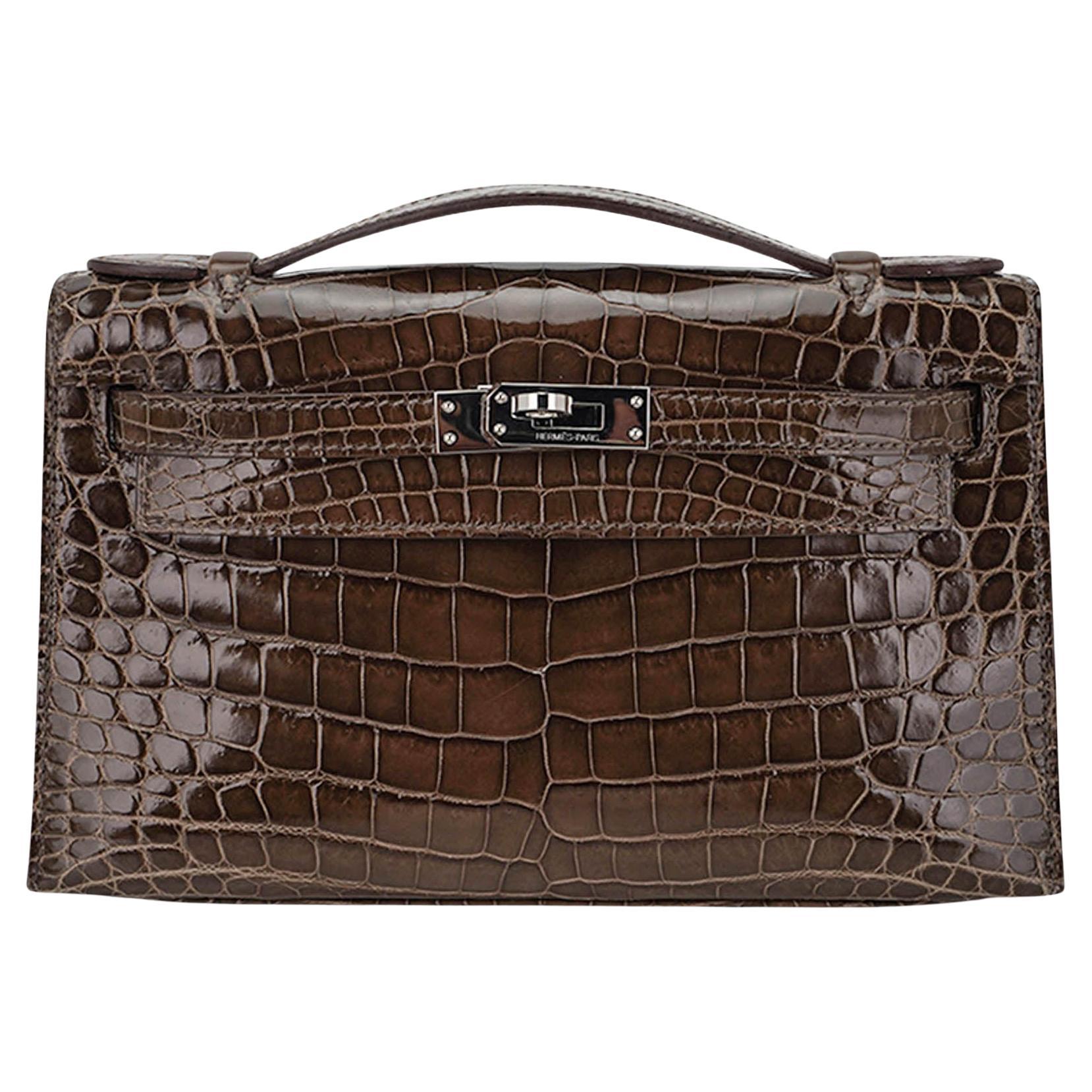 Hermes Kelly Pochette Clutch Bag Gris Elephant CrocodilePalladium  Hardware For Sale
