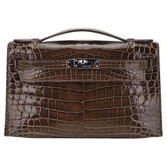 Hermes Kelly Pochette Clutch Bag Gris Elephant CrocodilePalladium  Hardware