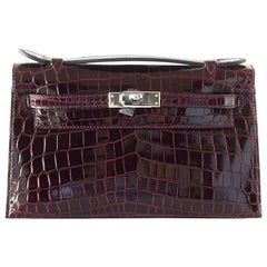 Hermes Kelly Pochette Clutch Bag Rare Bordeaux Krokodil Palladium Hardware