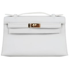 Hermes Kelly Pochette Clutch Bag Rare White Gold Hardware