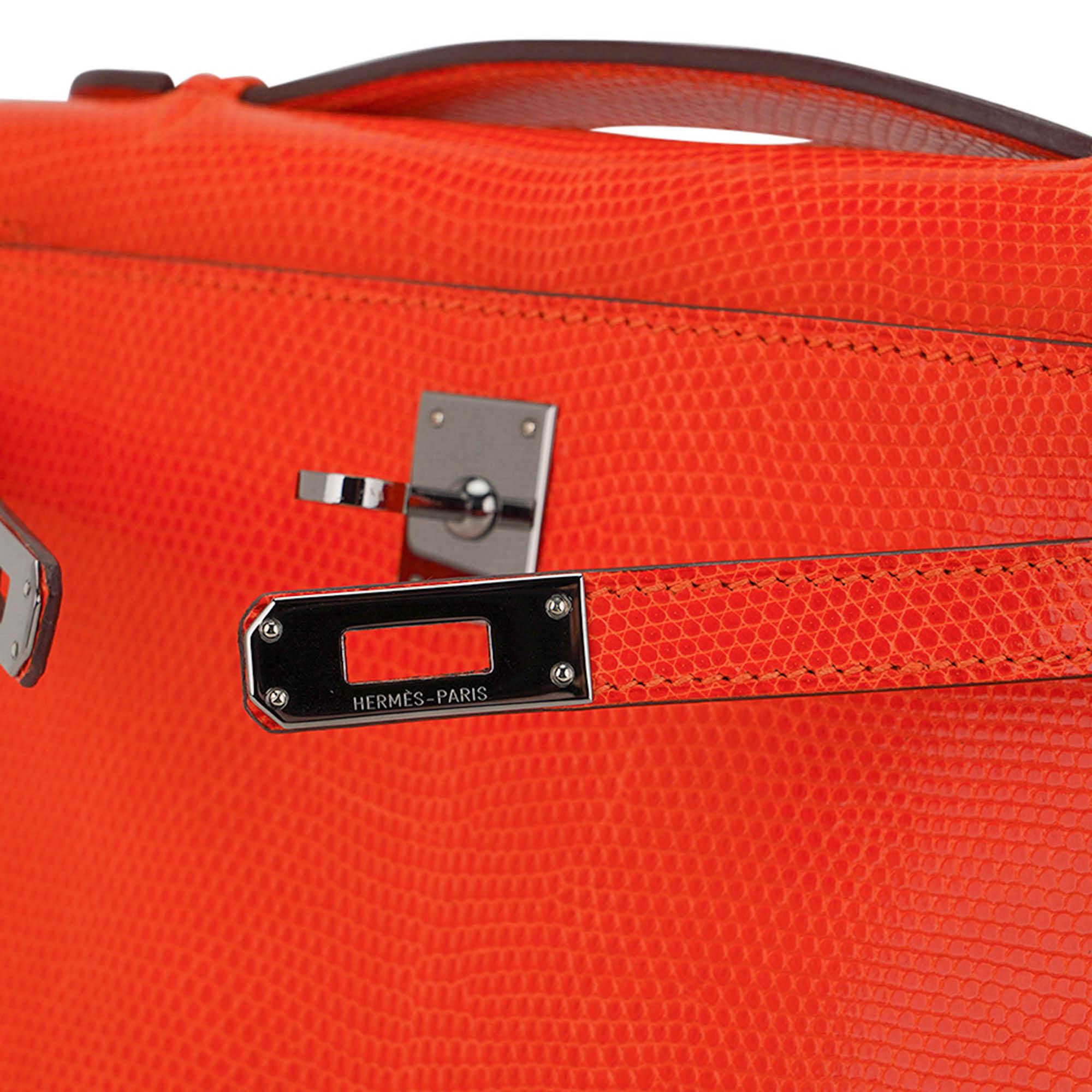 Rouge Hermes Kelly Pochette Sac à main en lézard mandarine avec quincaillerie en ruthinium en vente