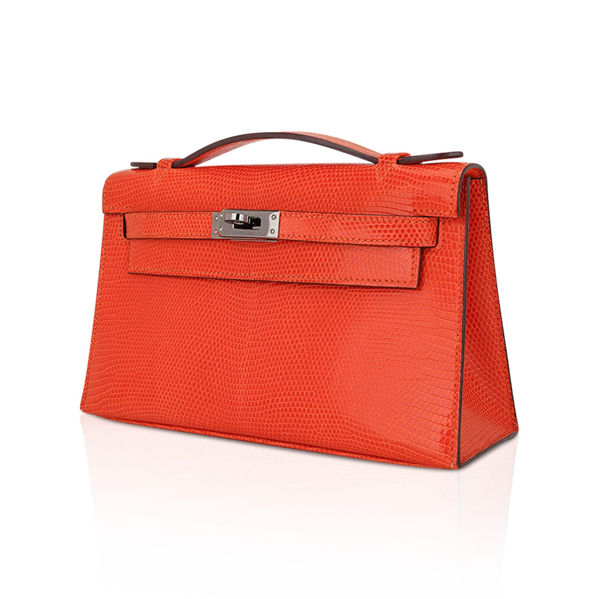 Hermes Kelly Pochette Sac à main en lézard mandarine avec quincaillerie en ruthinium Excellent état - En vente à Miami, FL