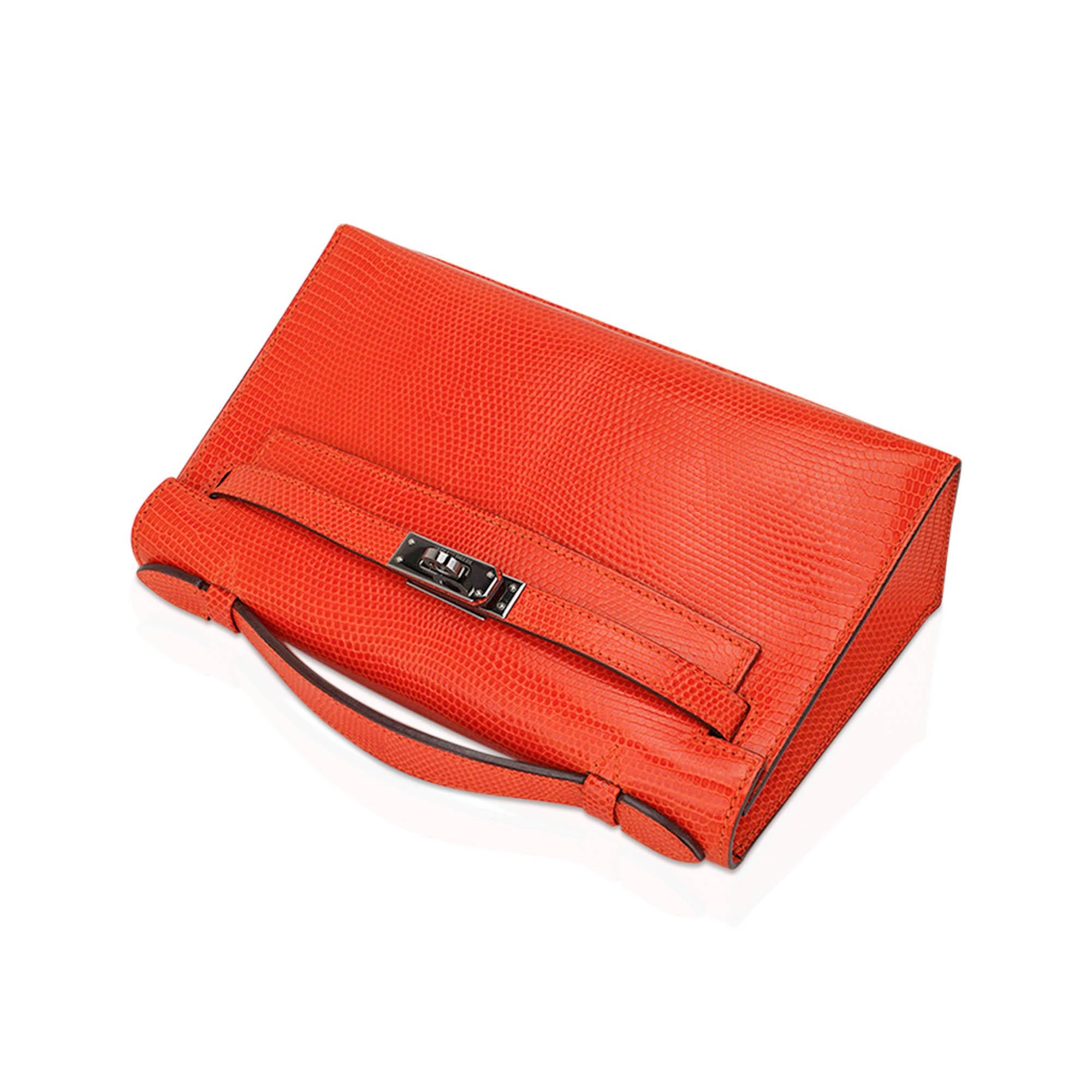 Hermes Kelly Pochette Sac à main en lézard mandarine avec quincaillerie en ruthinium Pour femmes en vente