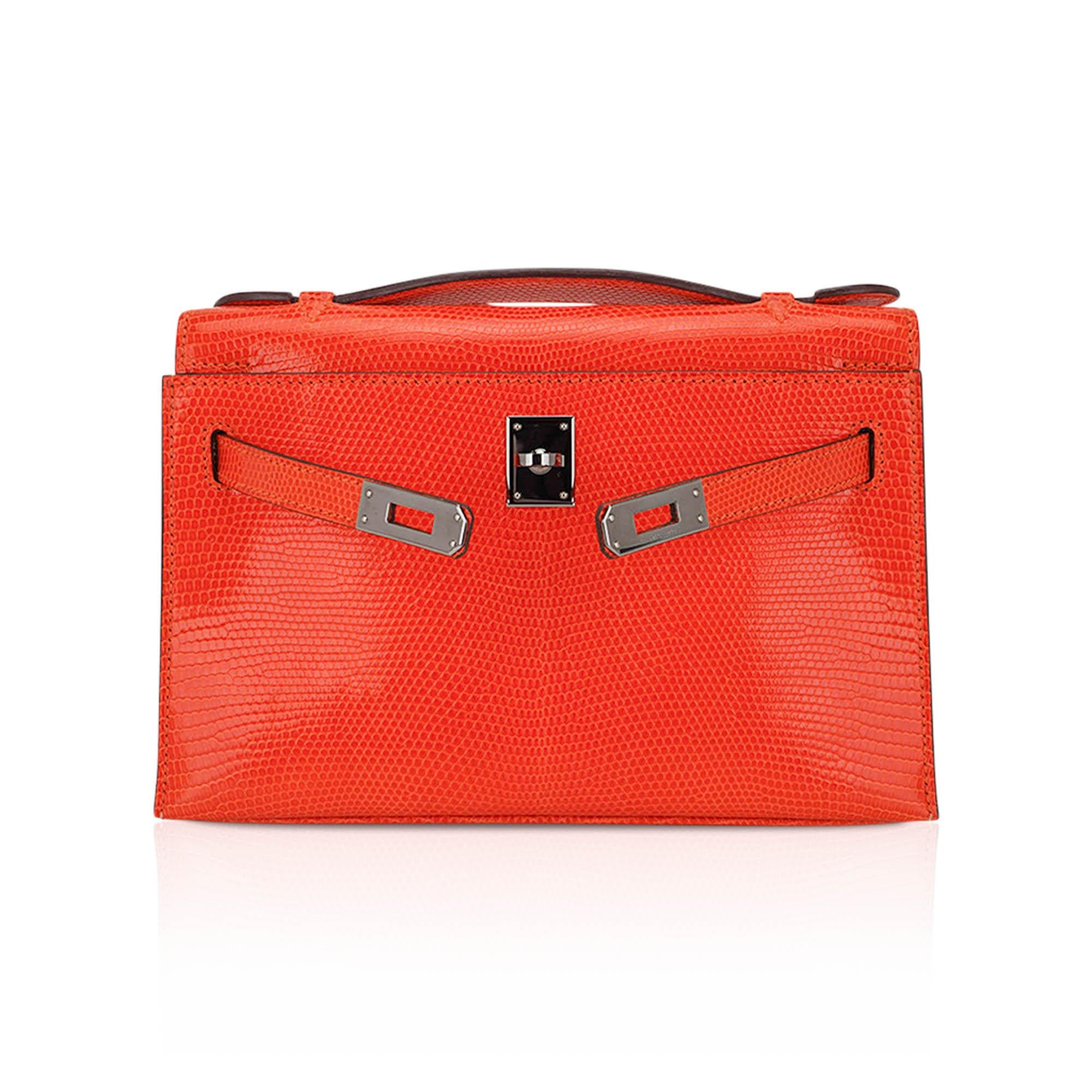 Hermes Kelly Pochette Sac à main en lézard mandarine avec quincaillerie en ruthinium en vente 1